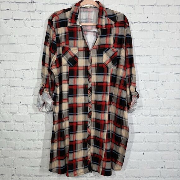Passport Fleece Shirt Dress Women Plus 2X Plaid Check Roll Tab Sleeve Western - Picture 1 of 7